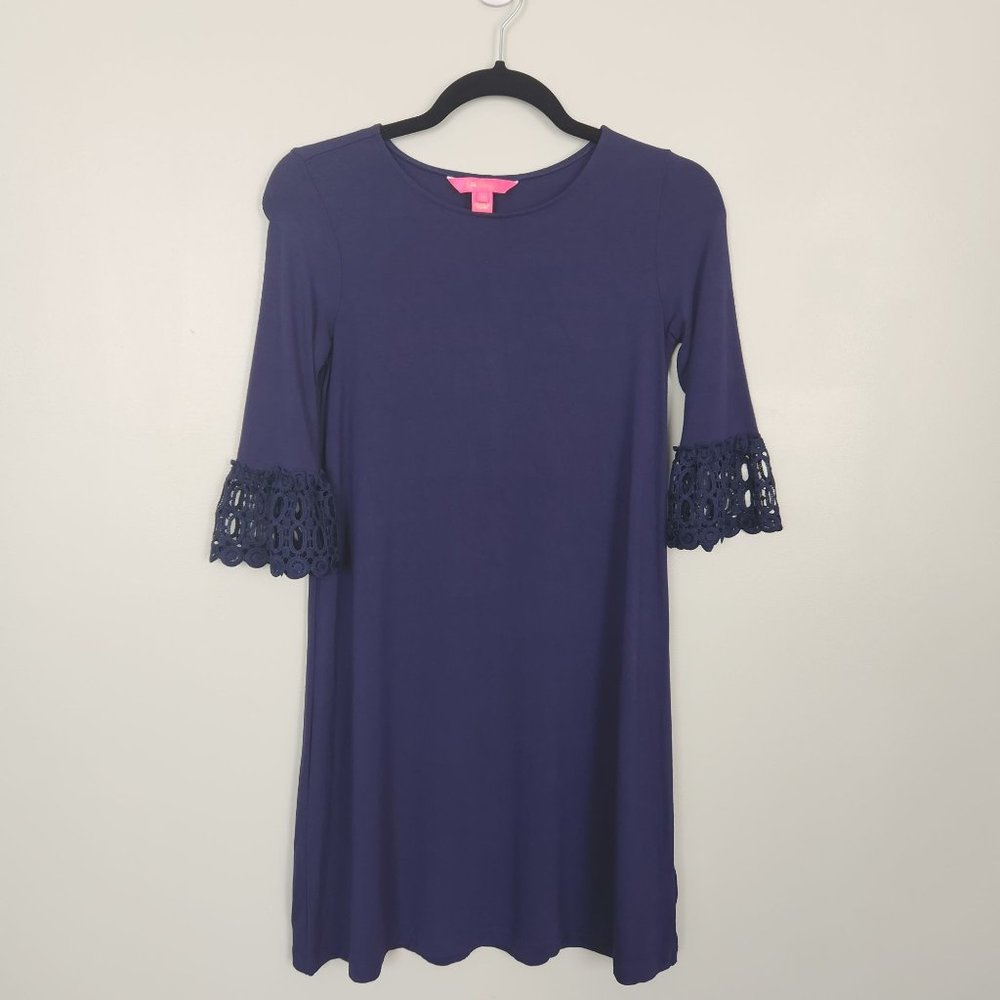 Lilly Pulitzer Navy Dress Lace Trimmed Sleeves Size XS